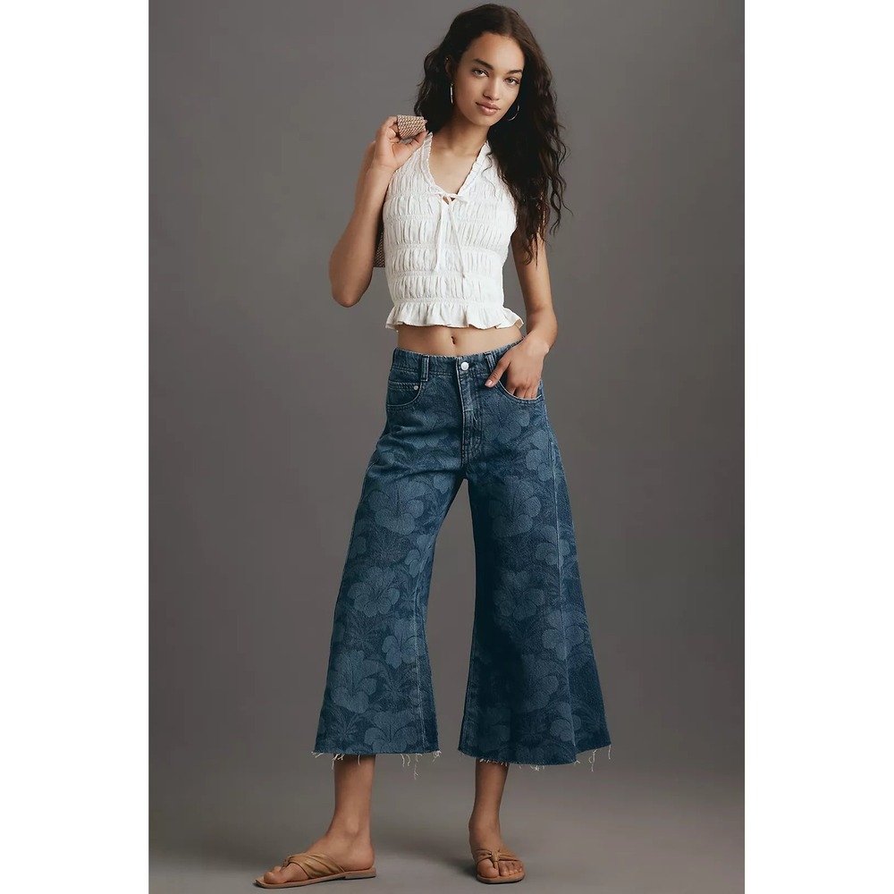 Pilcro Adi Crop Mid-Rise Flare Jeans Blue Floral Hibiscus Print Raw Hem 29